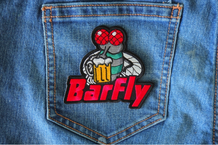 Barfly Biker Funny Iron on Patch shown on jeans