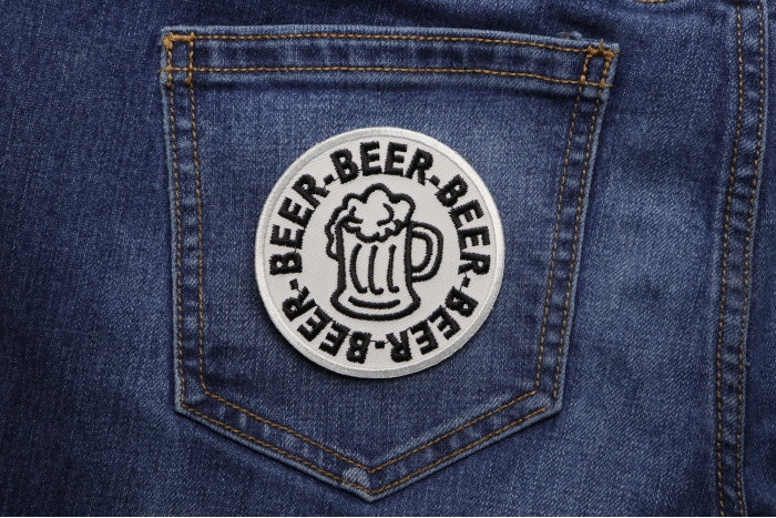 Beer Beer Beer Funny Iron on Patch shown on jeans