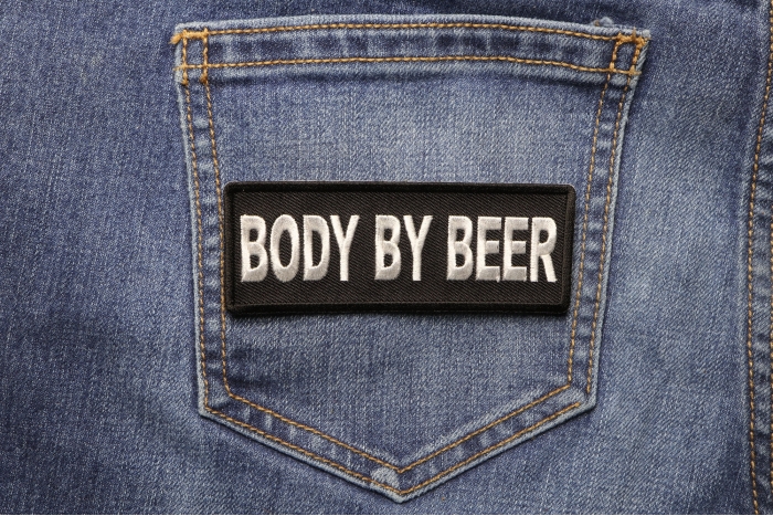 Body By Beer Funny Iron on Patch shown on jeans