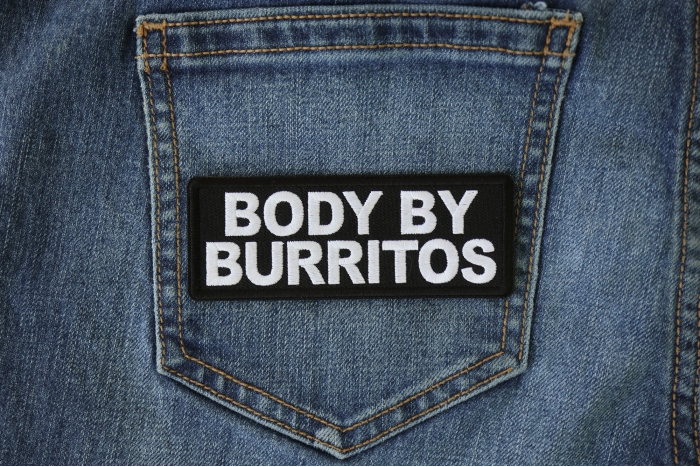 Body by Burritos Funny Iron on Patch shown on jeans