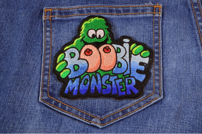 Boobie Monster Funny Iron on Patch shown on jeans