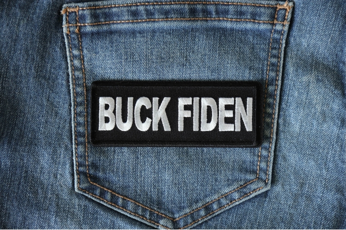 Buck Fiden Funny Iron on Patch shown on jeans