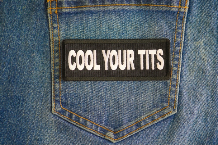 Cool Your Tits Patch shown on jeans
