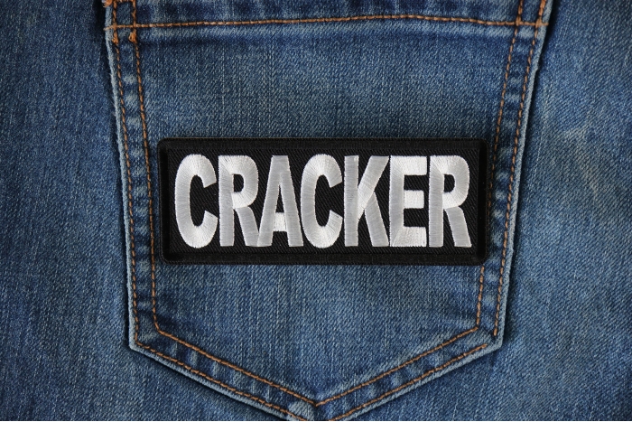 Cracker Funny Iron on Patch shown on jeans