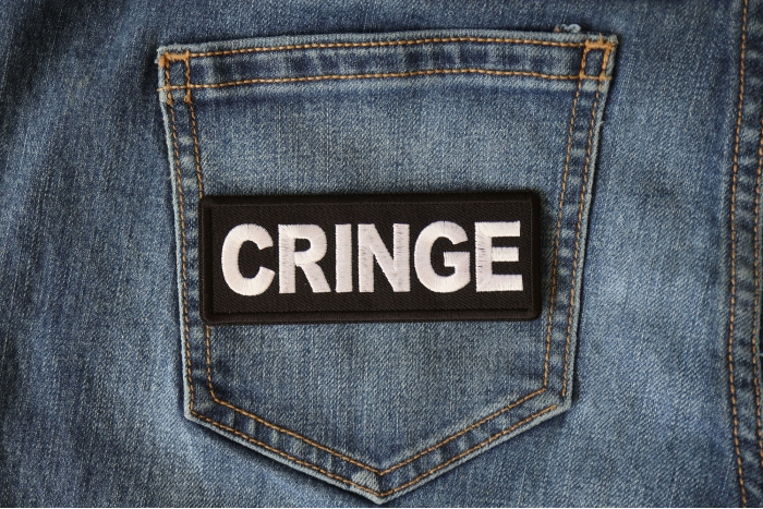 Cringe Funny Iron on Patch shown on jeans
