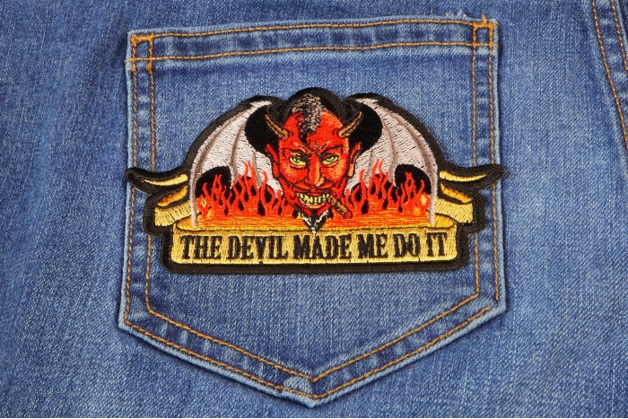 Devil Made Me Do It Small Patch shown on jeans