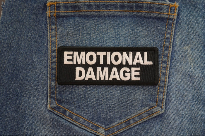 Emotional Damage Patch shown on jeans
