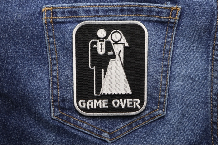 Game Over Marriage Funny Iron on Patch shown on jeans