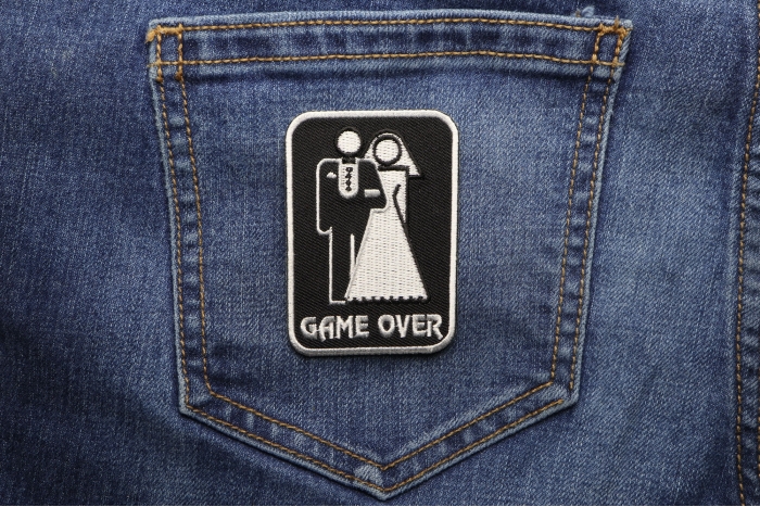 Game Over Marriage Funny Iron on Patch shown on jeans