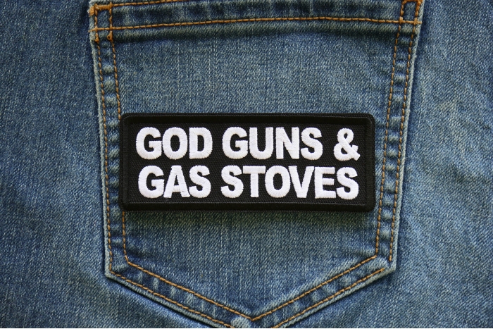 God Guns and Gas Stoves Patch shown on jeans