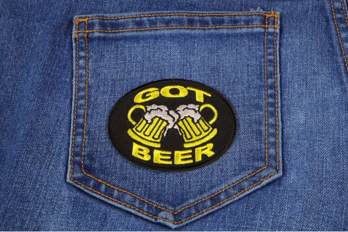 Got Beer Funny Iron on Patch shown on jeans