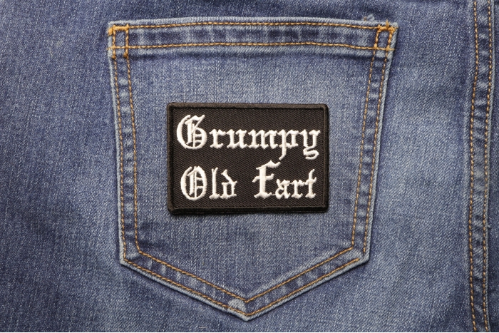Grumpy Old Fart Funny Iron on Patch In Old English shown on jeans