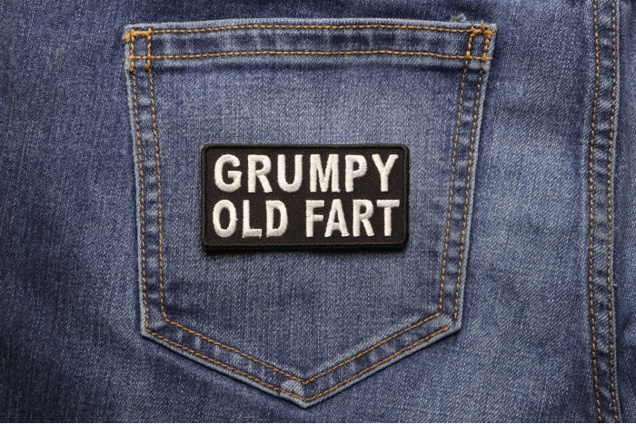 Grumpy Old Fart Funny Iron on Patch shown on jeans