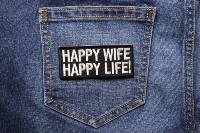 Happy Wife Happy Life Funny Iron on Patch shown on jeans