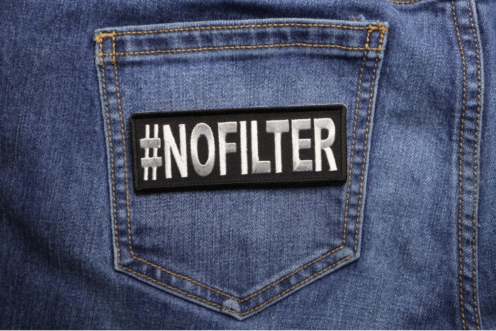 Hashtag No Filter Funny Iron on Patch shown on jeans