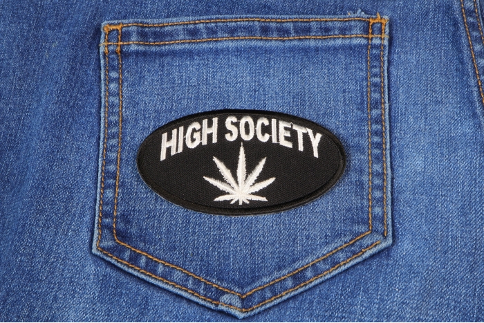 High Society Funny Iron on Patch shown on jeans