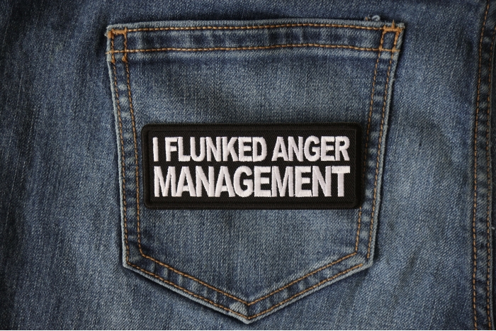 I Flunked Anger Management Funny Iron on Patch shown on jeans