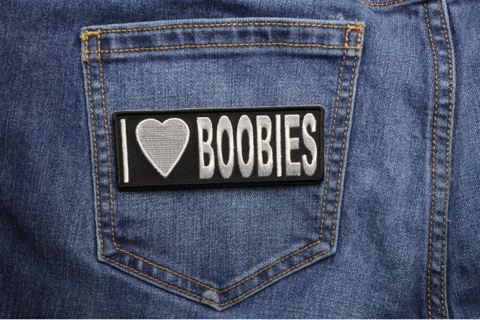 I Love Boobies Patch shown on jeans