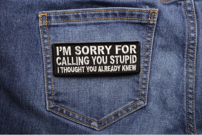 I'm Sorry For Calling You Stupid I Thought You Already Knew Funny Iron on Patch shown on jeans