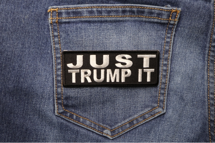Just Trump It Funny Iron on Patch shown on jeans