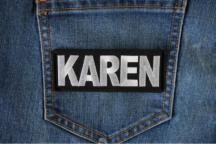 Karen Funny Iron on Patch shown on jeans