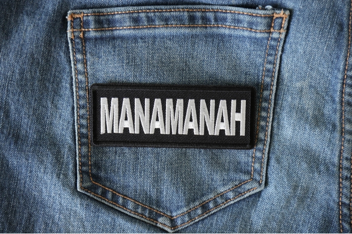Manamanah Funny Iron on Patch shown on jeans