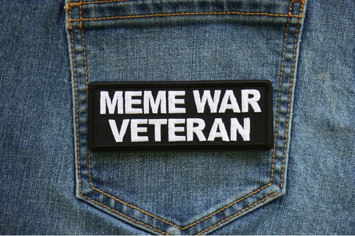 Meme War Veteran Patch shown on jeans
