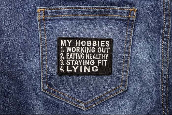 My Hobbies Include Lying Patch shown on jeans