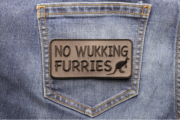 No Wukking Furries Aussie Saying Patch With Kangaroo shown on jeans