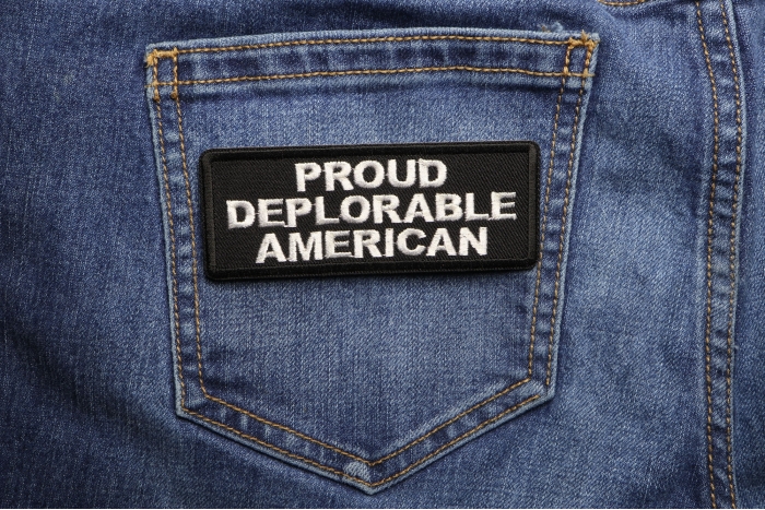 Proud Deplorable American Funny Iron on Patch shown on jeans