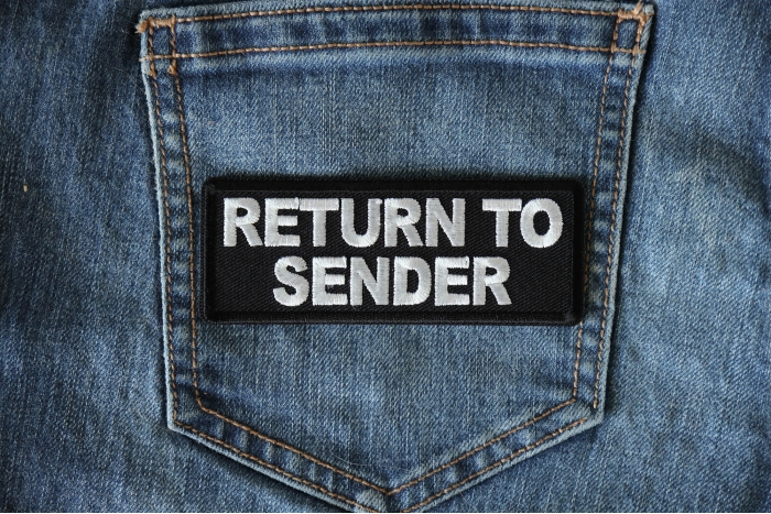 Return To Sender Funny Iron on Patch shown on jeans