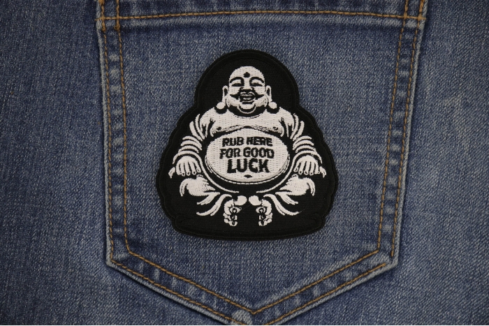 Rub Here for Luck Fat Budha Patch shown on jeans