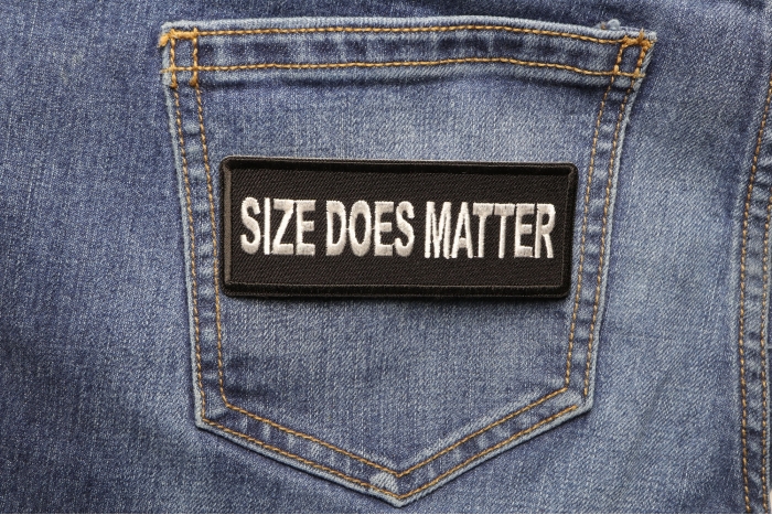 Size Does Matter Patch shown on jeans