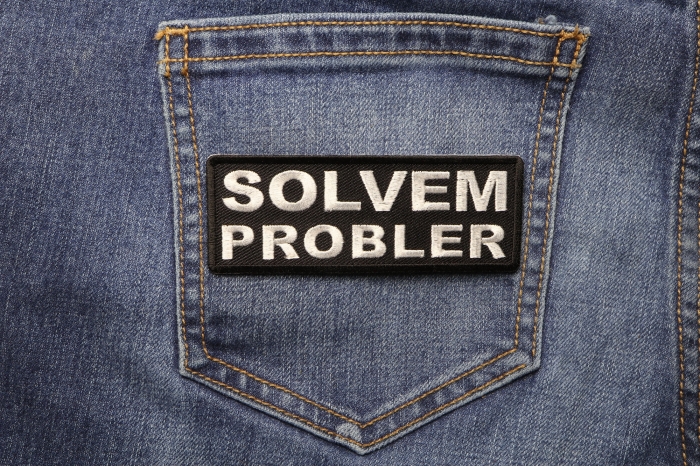 Solvem Probler Funny Iron on Patch shown on jeans