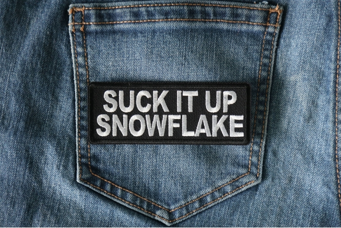Suck it Up Snowflake Funny Iron on Patch shown on jeans