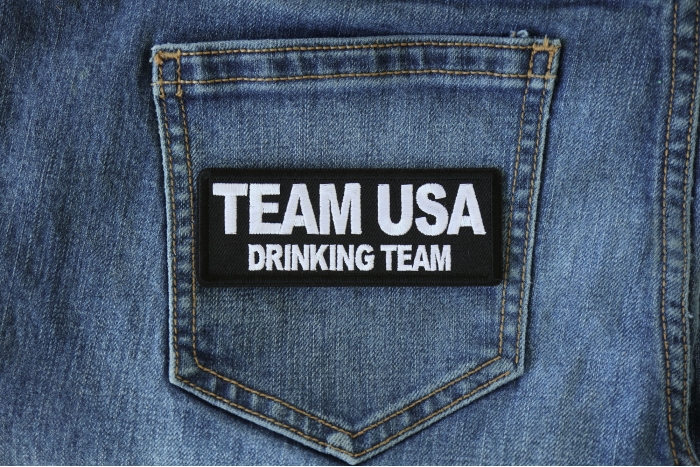 Team USA Drinking Team Funny Iron on Patch shown on jeans