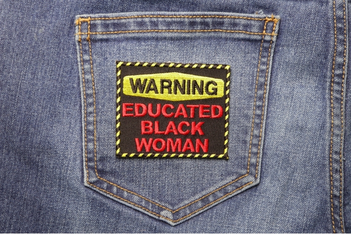 Warning Educated Black Woman Fun Funny Iron on Patch shown on jeans