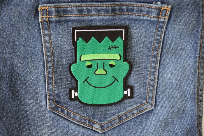 Whacky Frankenstein Funny Iron on Patch shown on jeans