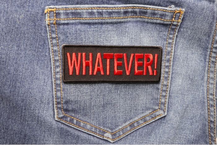 Whatever Funny Iron on Patch shown on jeans