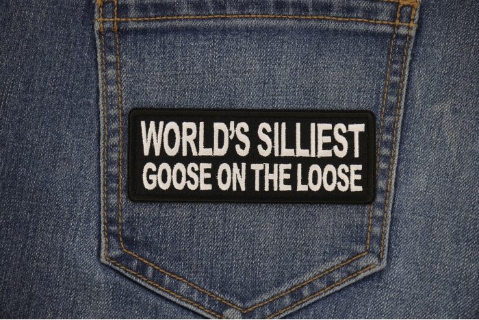 World's Silliest Goose on The Loose Patch shown on jeans