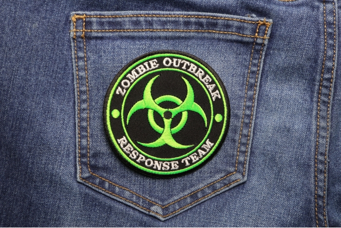 Zombie OutBreak Response Team Green Funny Iron on Patch shown on jeans