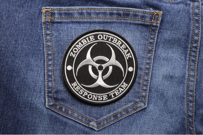 Zombie Outbreak Response Team Funny Iron on Patch shown on jeans