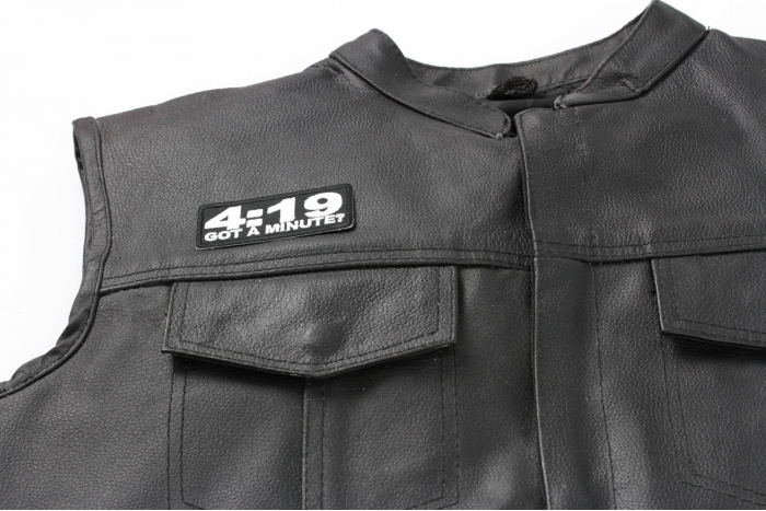 4 19 Got A Minute Funny Stoner Patch - 3x1.25 inch. Embroidered Iron on Patch shown on leather vest