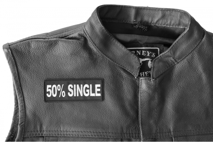 50 Percent Single Patch - 4x1.5 inch - Embroidered Iron on Patch shown on leather vest