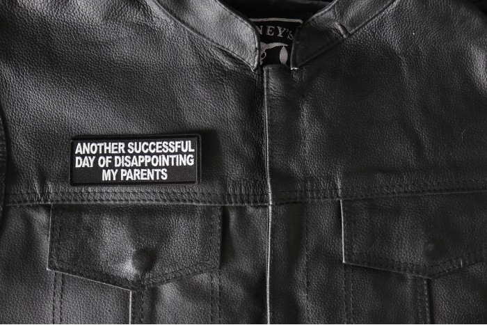 Another Successful Day of Disappointing My Parents Patch, Funny Saying Patches, Sew or Iron on Patch shown on leather vest