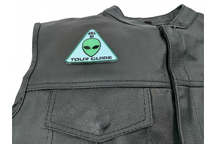 Area 51 Tour Guide Patch Alien Head - 3x3 inch. Embroidered Iron on Patch shown on leather vest