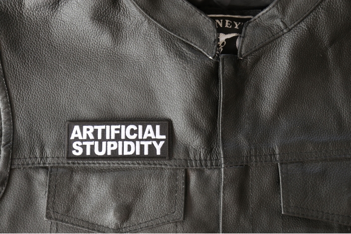 Artificial Stupidity Patch, Funny Saying Patches shown on leather vest