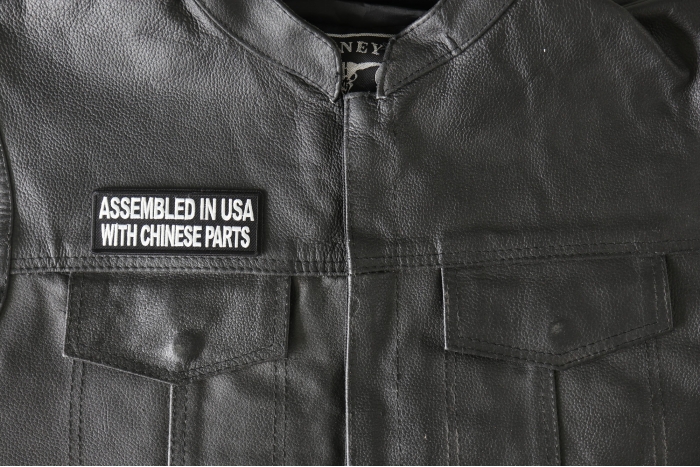 Assembled in USA with Chinese Parts Patch, Funny Saying Patches shown on leather vest