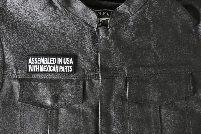 Assembled in USA with Mexican Parts Patch, Funny Saying Patches, Sew or Iron on Patch shown on leather vest