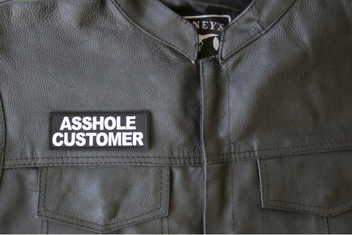 Asshole Customer Patch, Funny Saying Patches, Sew or Iron on Patch shown on leather vest